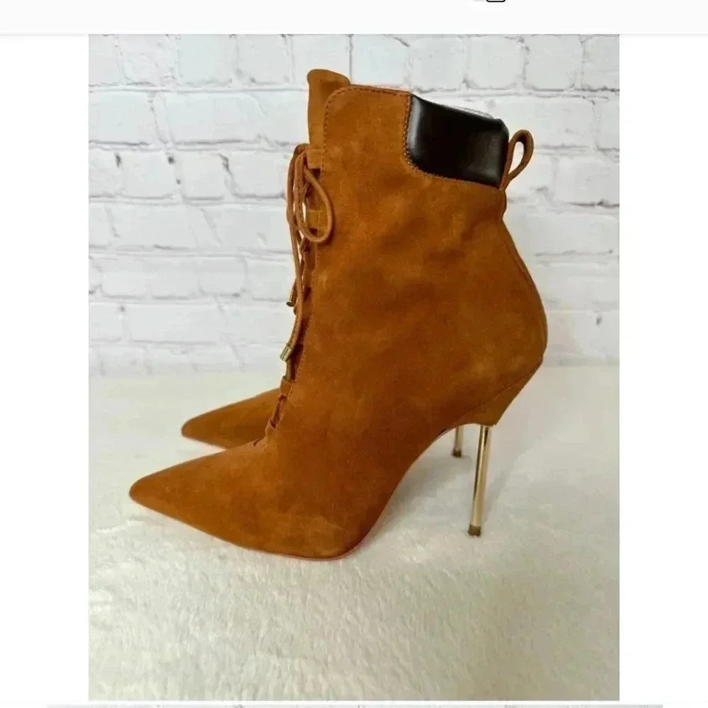Good American Booties Suede Tobacco Cognac Lace Up Scandal 9 - Picture 6 of 7